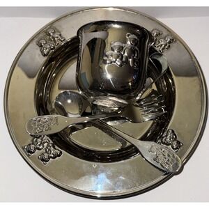 Vintage Baby 4 Pc Baby Feeding Set Plate Fork Spoon Cup Godinger Silver. J
